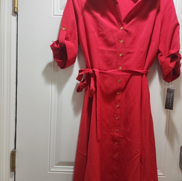 Sharagano dress women 14 RED Three-quarter sleeves Button front A-line - Picture 5 of 9